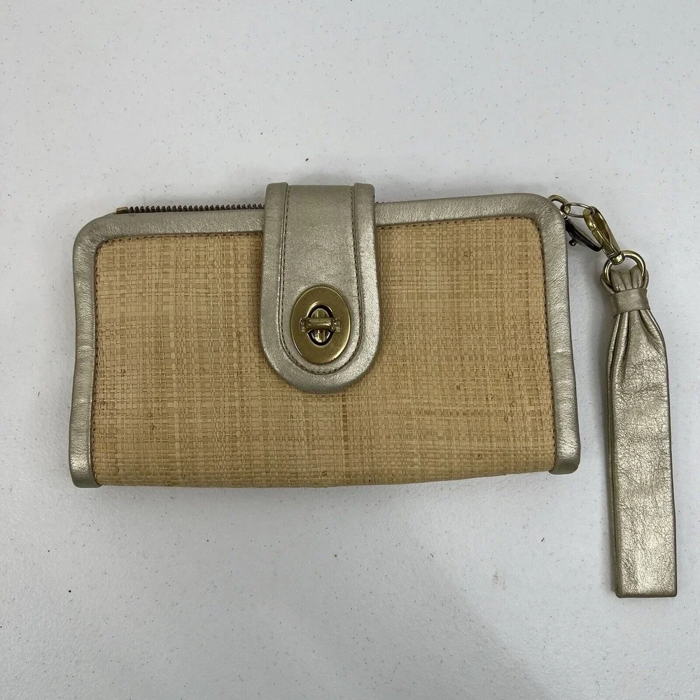 Coach Parker Natural Straw Leather Trim Clutch Wristlet Wallet Gold Turnlock